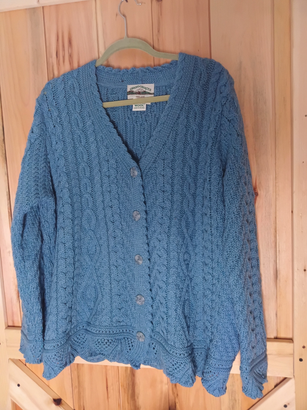 Aran Crafts Ireland Merino Wool Blue Cardigan Sweater XL